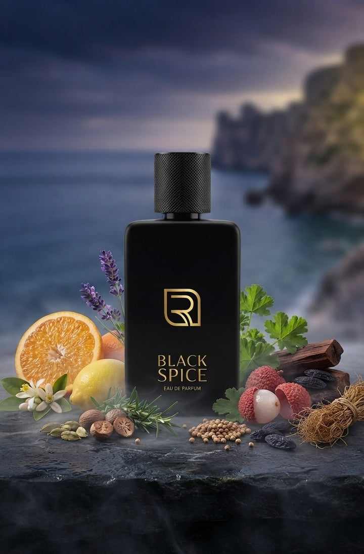 Black Spice Eau de Parfum bottle with citrus, spices and woods