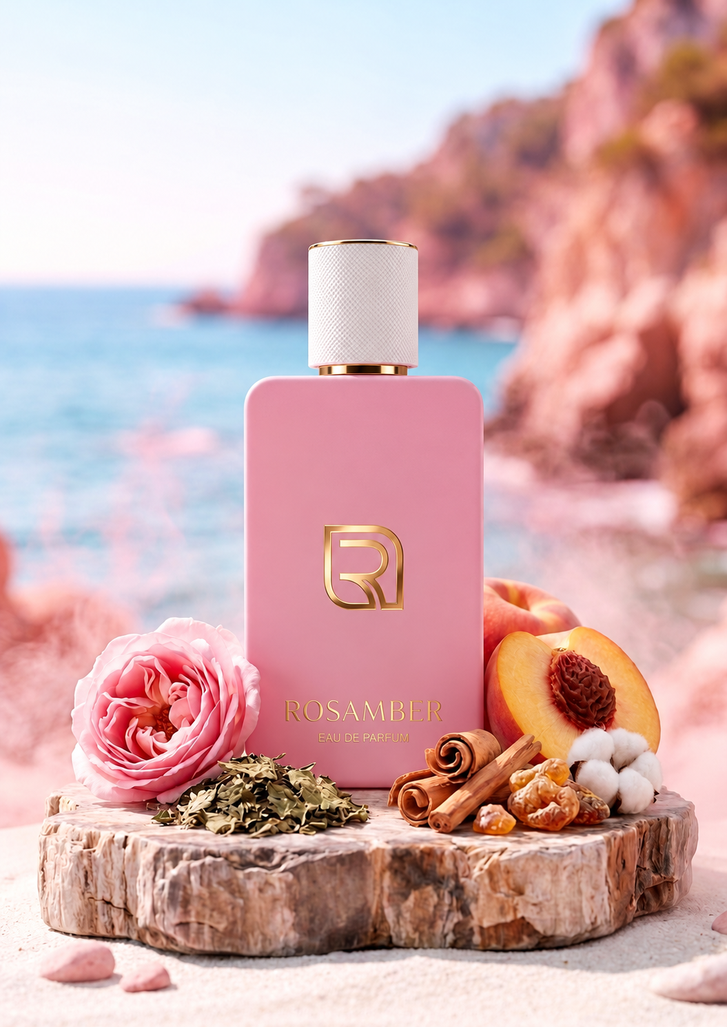 Rosamber Eau de Parfum bottle with corrected white textured cap