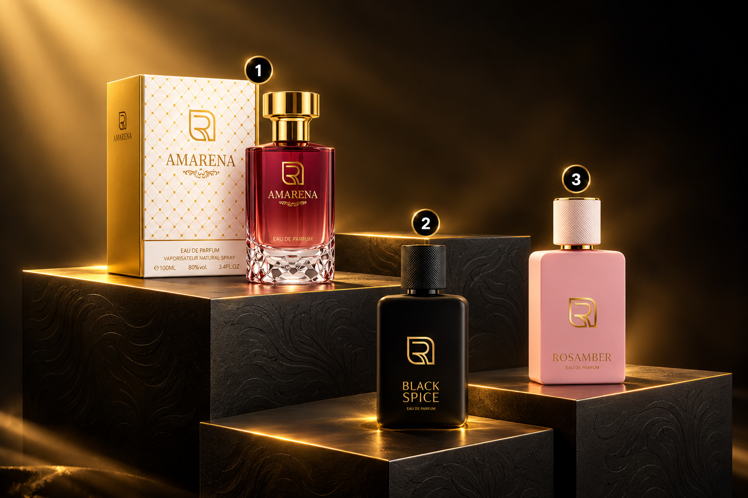 Amarena, Black Spice, and Rosamber perfumes arranged on studio shelves
